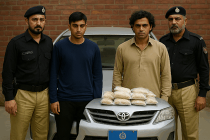Karachi South Police officers arrest two drug traffickers with seized narcotics displayed on a silver Toyota car featuring a fake government number plate, highlighting a major crackdown on organized drug crime in Pakistan.