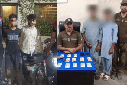 Lahore police present arrested suspects in mobile snatching case with recovered items.